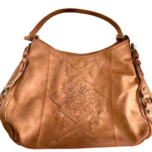 Cognac Brown Faux Leather Hobo Bag Laser Cut Laced Design
